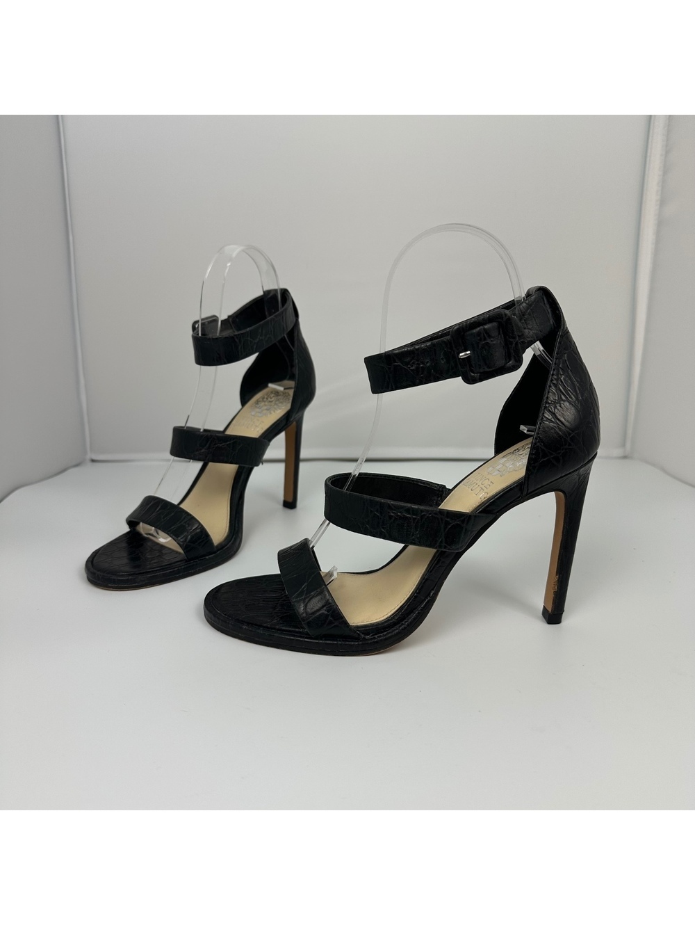 Vince Camuto Black Croc-Embossed Strappy High Heel Sandals. Size 6